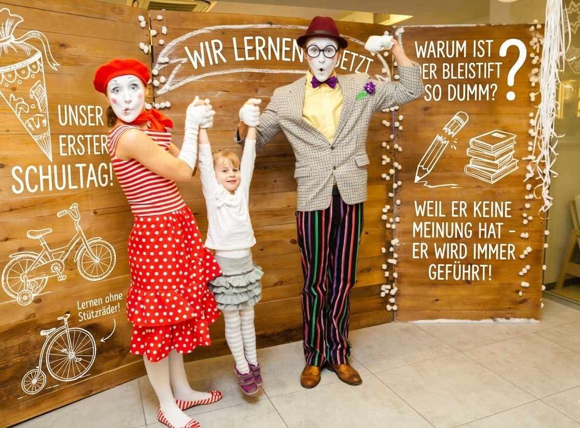 Der erste Schultag braucht Applaus. Französische Pantomime Duo mit Kind zur Einschulung im Berlin und auf Usedom