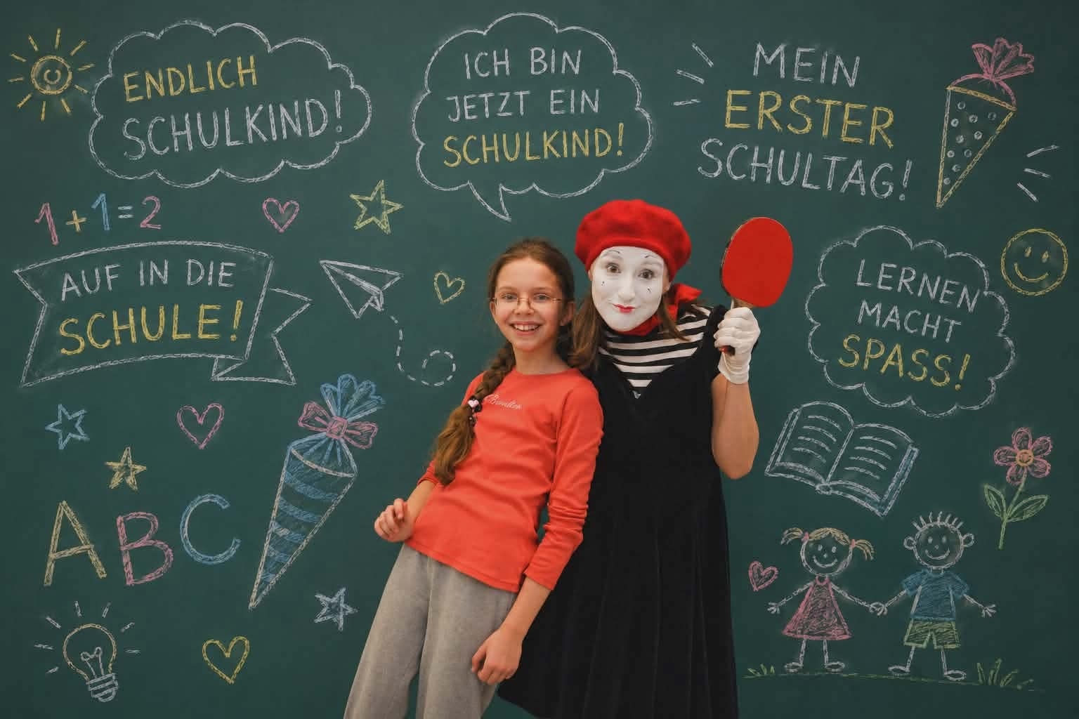Französische Pantomime-Künstlerin mit Kind am ersten Schultag in Hamburg.
