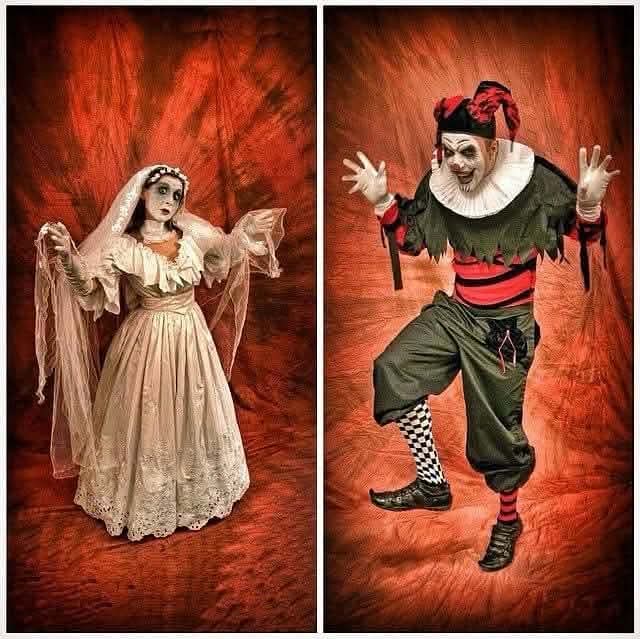 Gruselig. Charmant. Leicht verstörend. Horror Clown und tote Braut beim Walkact für Halloween