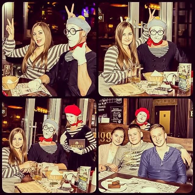 Dinner wird zur Show. Pantomime Duo entertaint Gäste im Restaurant in Collage