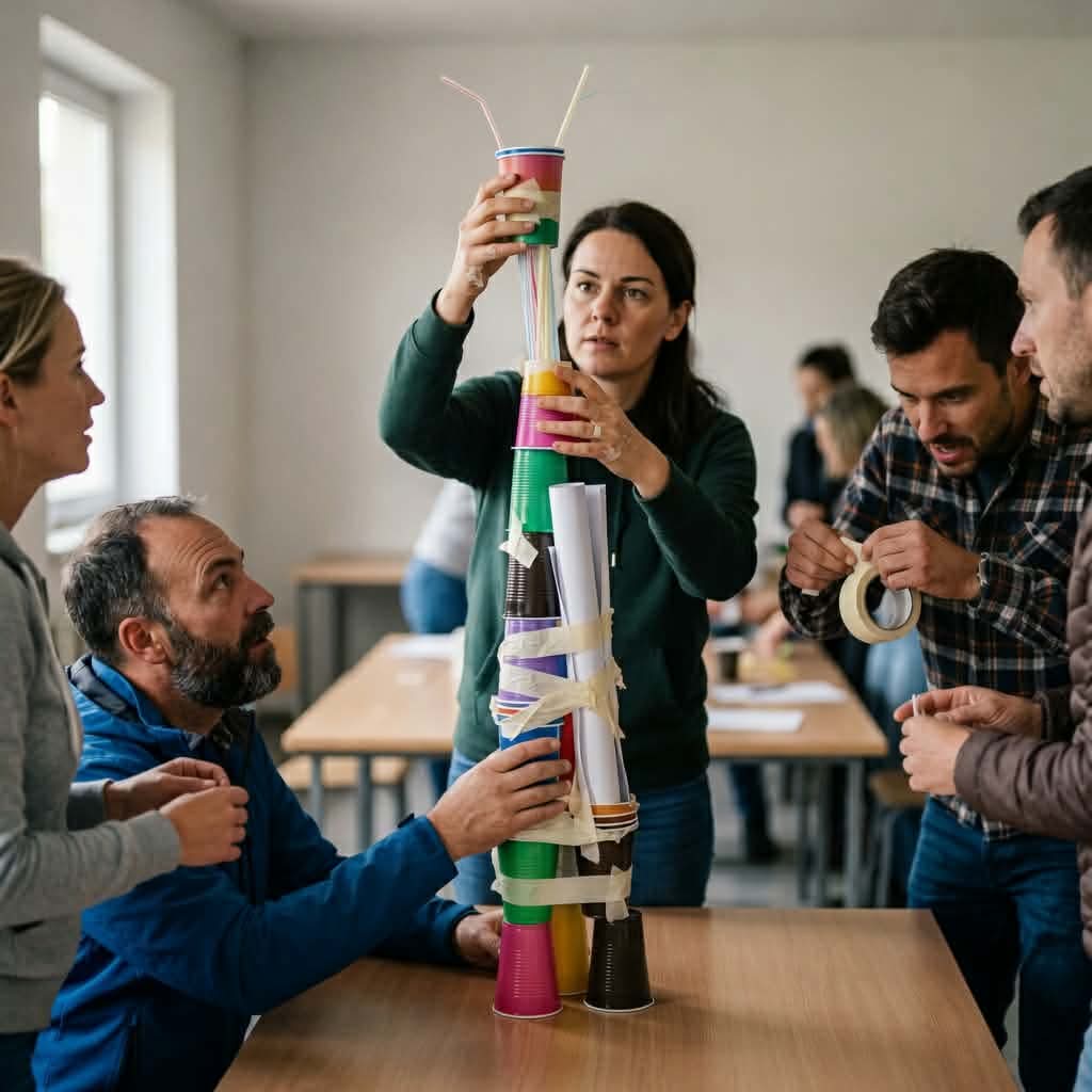 Der Klassiker für Team-Koordination: Unsere „Turmbau-Challenge“ in Hamburg und Usedom fordert Teams heraus, in 15 Minuten das höchste Werk aus Bechern und Klebeband zu errichten. Teilnehmer bauen einen Turm aus Bechern und Klebeband während eines Teambuilding-Workshops in Usedom.