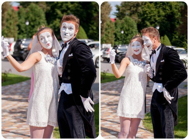 Humorvoller Mime Walkact mit Selfie Szene Pantomime Künstler machen Selfie bei Berlin